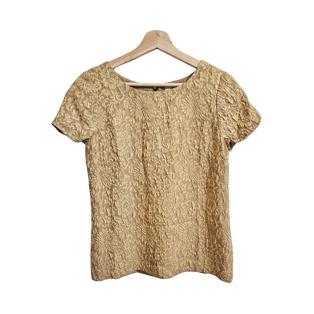 J. Crew Metallic Gold Foil Jacquard Silk Blend Floral Short Sleeve Top Size 4